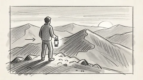 Pencil storyboard frame: a hiker on a mountain ridge holding a lantern, with an arrow marking a camera push-in