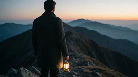 Generated shot: the hiker seen from behind on the ridge at dusk, the lantern glowing in his hand