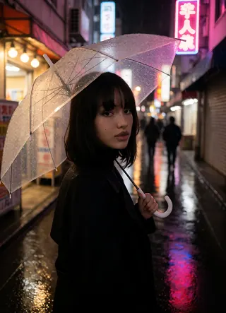 Frame 01, neon street, rain: face match 0.75
