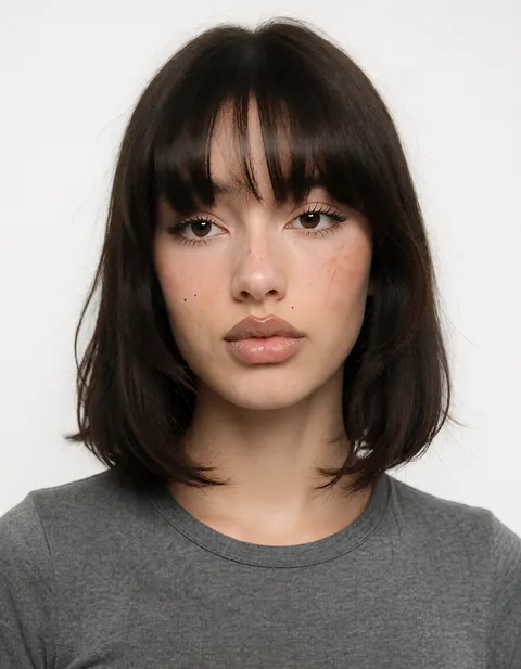 The reference portrait: a woman with a dark brown bob and curtain bangs, facing the camera